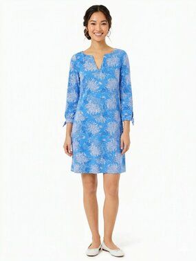 Lilly Pulitzer Cath Dress Small Blue White Floral 3/4 Sleeve Tie Cuff Cotton